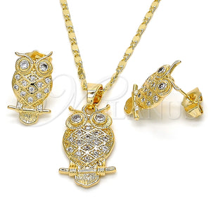 Juego de Arete y Dije de Adulto 10.316.0021 Oro Laminado, Diseño de Búho, con Blanca Zirconia Cubica, Pulido, Tono Dorado
