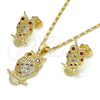 Juego de Arete y Dije de Adulto 10.316.0021.1 Oro Laminado, Diseño de Búho, con Multicolor Zirconia Cubica, Pulido, Tono Dorado