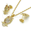 Juego de Arete y Dije de Adulto 10.316.0021.1 Oro Laminado, Diseño de Búho, con Multicolor Zirconia Cubica, Pulido, Tono Dorado