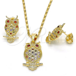 Juego de Arete y Dije de Adulto 10.316.0021.1 Oro Laminado, Diseño de Búho, con Multicolor Zirconia Cubica, Pulido, Tono Dorado