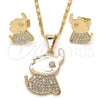 Juego de Arete y Dije de Adulto 10.316.0030 Oro Laminado, Diseño de Elefante, con Blanca Zirconia Cubica, Pulido, Tono Dorado