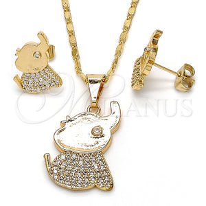 Juego de Arete y Dije de Adulto 10.316.0030 Oro Laminado, Diseño de Elefante, con Blanca Zirconia Cubica, Pulido, Tono Dorado