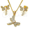 Juego de Arete y Dije de Adulto 10.316.0034 Oro Laminado, Diseño de Libélula, con Blanca Zirconia Cubica, Pulido, Tono Dorado