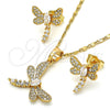 Juego de Arete y Dije de Adulto 10.316.0034 Oro Laminado, Diseño de Libélula, con Blanca Zirconia Cubica, Pulido, Tono Dorado
