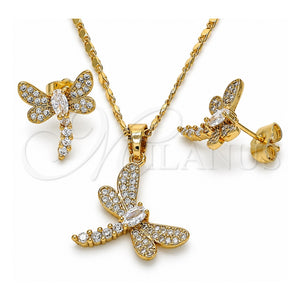 Juego de Arete y Dije de Adulto 10.316.0034 Oro Laminado, Diseño de Libélula, con Blanca Zirconia Cubica, Pulido, Tono Dorado