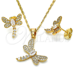 Juego de Arete y Dije de Adulto 10.316.0034 Oro Laminado, Diseño de Libélula, con Blanca Zirconia Cubica, Pulido, Tono Dorado