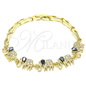Pulsera Elegante 03.316.0031.2.07 Oro Laminado, Diseño de Elefante y Pescado, con Negro and Blanca Zirconia Cubica, Pulido, Tono Dorado (05 MM Thickness, 7 Inches Length)