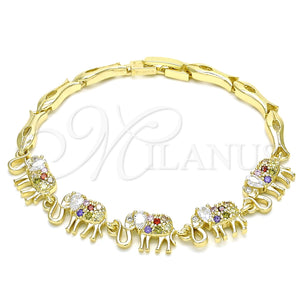 Pulsera Elegante 03.316.0031.3.07 Oro Laminado, Diseño de Elefante y Pescado, con Multicolor Zirconia Cubica, Pulido, Tono Dorado (05 MM Thickness, 7 Inches Length)