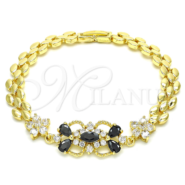 Pulsera Elegante 03.316.0032.07 Oro Laminado, Diseño de Flor y Gota, con Negro and Blanca Zirconia Cubica, Pulido, Tono Dorado (08 MM Thickness, 7 Inches Length)