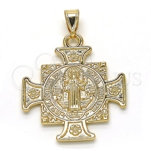 Dije Religioso 05.253.0064 Oro Laminado, Diseño de San Benito y Flor, Pulido, Tono Dorado