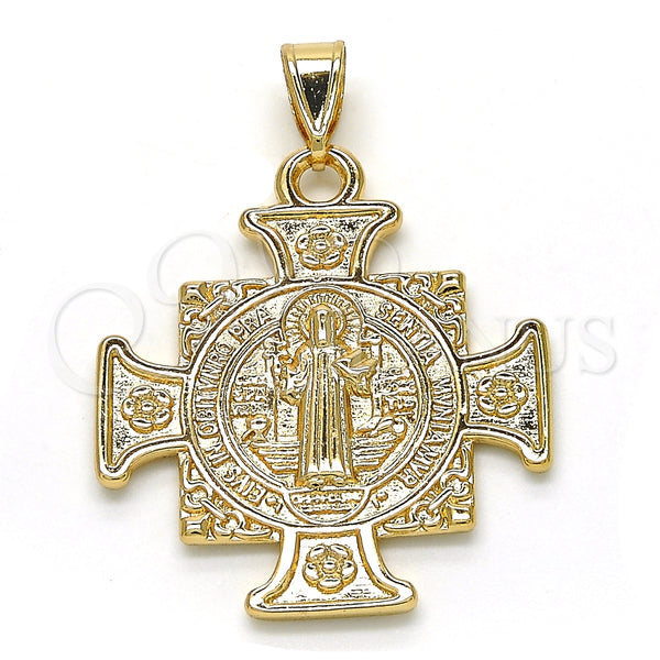 Dije Religioso 05.253.0064 Oro Laminado, Diseño de San Benito y Flor, Pulido, Tono Dorado