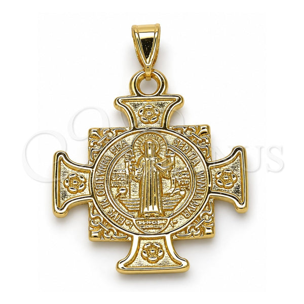 Dije Religioso 05.253.0064 Oro Laminado, Diseño de San Benito y Flor, Pulido, Tono Dorado
