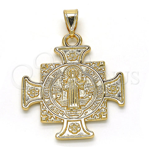 Dije Religioso 05.253.0064 Oro Laminado, Diseño de San Benito y Flor, Pulido, Tono Dorado