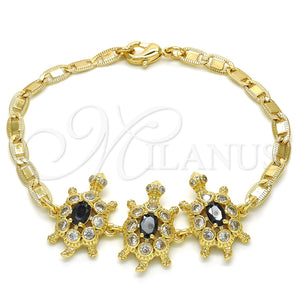 Pulsera Elegante 03.63.1987.5.08 Oro Laminado, Diseño de Tortuga, con Negro and Blanca Zirconia Cubica, Pulido, Tono Dorado (04 MM Thickness, 8 Inches Length)