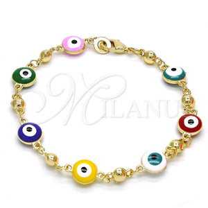 Pulsera Elegante 03.213.0018.3.08 Oro Laminado, Diseño de Ojo Griego, Esmaltado Multicolor, Tono Dorado (08 MM Thickness, 7 Inches Length)