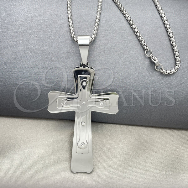 Collares con Dije 04.116.0019.30 Acero Inoxidable, Diseño de Cruz, con Blanca Zirconia Cubica, Pulido, Tono Plateado (03 MM Thickness, 30 Inches Length)