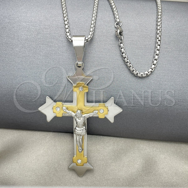 Collares con Dije 04.116.0022.30 Acero Inoxidable, Diseño de Crucifijo, con Blanca Zirconia Cubica, Pulido, Dos Tonos (03 MM Thickness, 30 Inches Length)