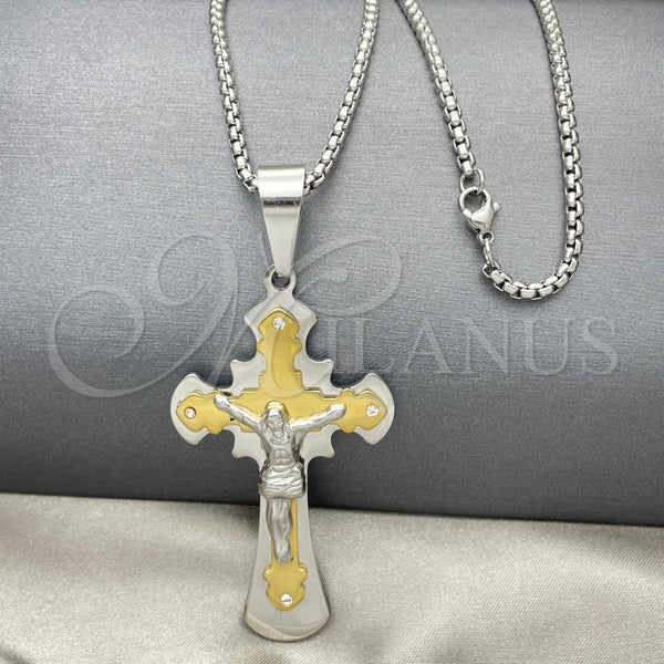 Collares con Dije 04.116.0023.30 Acero Inoxidable, Diseño de Crucifijo, con Blanca Zirconia Cubica, Pulido, Dos Tonos (03 MM Thickness, 30 Inches Length)
