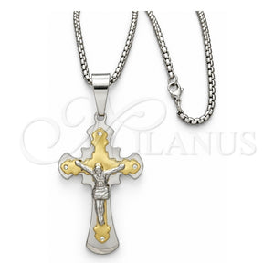 Collares con Dije 04.116.0023.30 Acero Inoxidable, Diseño de Crucifijo, con Zirconia Cubica Blanca, Pulido, Dos Tonos (Grosor 03 MM, 30 Pulgadas de Largo)