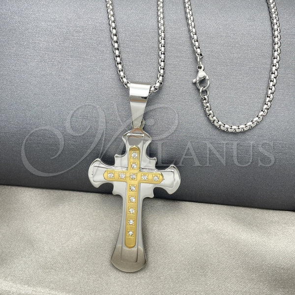 Collares con Dije 04.116.0034.30 Acero Inoxidable, Diseño de Cruz, con Blanca Zirconia Cubica, Pulido, Dos Tonos (03 MM Thickness, 30 Inches Length)