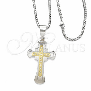 Collares con Dije 04.116.0034.30 Acero Inoxidable, Diseño de Cruz, con Blanca Zirconia Cubica, Pulido, Dos Tonos (03 MM Thickness, 30 Inches Length)