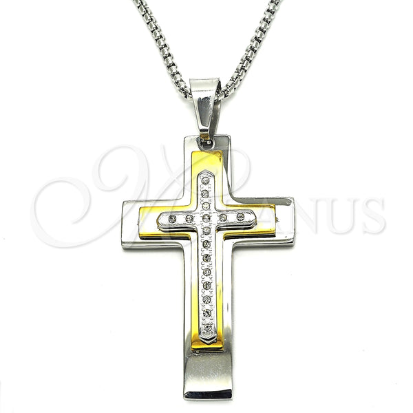 Collares con Dije 04.116.0054.30 Acero Inoxidable, Diseño de Cruz, con Blanca Zirconia Cubica, Pulido, Dos Tonos (03 MM Thickness, 30 Inches Length)