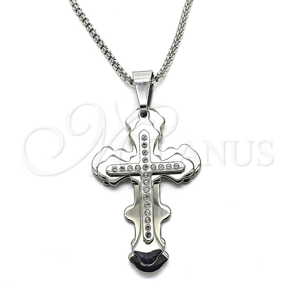 Collares con Dije 04.116.0059.30 Acero Inoxidable, Diseño de Cruz, con Blanca Zirconia Cubica, Pulido, Tono Plateado (03 MM Thickness, 30 Inches Length)