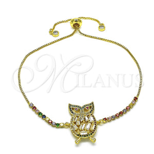 Pulsera Bolo Ajustable 03.299.0019.11 Oro Laminado, Diseño de Búho y Baguette, con Multicolor Zirconia Cubica, Pulido, Tono Dorado (01 MM Thickness, 11 Inches Length)