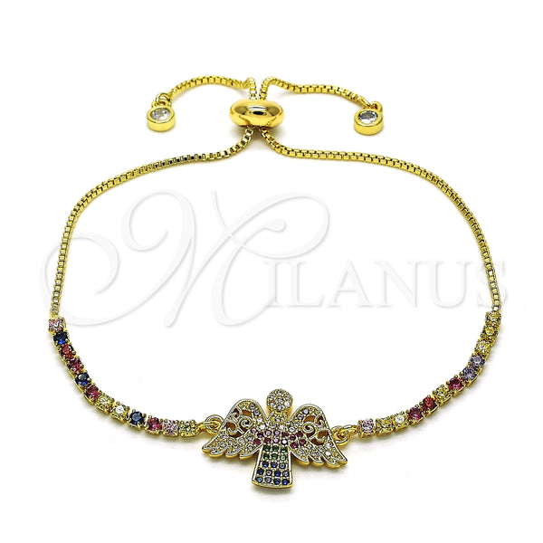 Pulsera Bolo Ajustable 03.299.0022.11 Oro Laminado, Diseño de Cruz, con Multicolor Micro Pave and Multicolor Zirconia Cubica, Pulido, Tono Dorado (01 MM Thickness, 11 Inches Length)