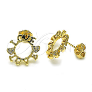 Arete Dormilona 02.94.0087 Oro Laminado, Diseño de Amor y Corazón, con Blanca Micro Pave, Pulido, Tono Dorado