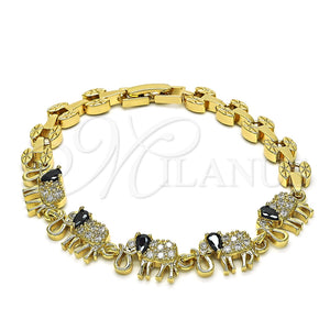 Pulsera Elegante 03.210.0067.4.08 Oro Laminado, Diseño de Elefante, con Negro and Blanca Zirconia Cubica, Pulido, Tono Dorado (07 MM Thickness, 8 Inches Length)