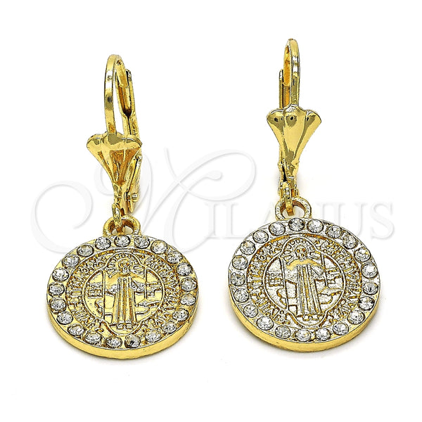 Arete Colgante 02.351.0012.1 Oro Laminado, Diseño de San Benito, con Blanca Cristal, Pulido, Tono Dorado