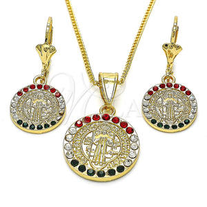 Juego de Arete y Dije de Adulto 10.351.0002 Oro Laminado, Diseño de San Benito, con Multicolor Cristal, Pulido, Tono Dorado