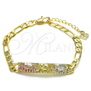 Pulsera con Placa 03.351.0019.07 Oro Laminado, Diseño de Elefante, Pulido, Tres Tonos (05 MM Thickness, 7 Inches Length)