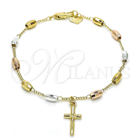 Rosario de Pulsera 03.351.0022.08 Oro Laminado, Diseño de Crucifijo, Pulido, Tres Tonos