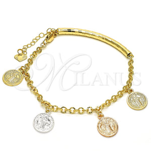 Pulsera de Dije 03.351.0025.07 Oro Laminado, Diseño de San Benito, Diamantado, Tres Tonos (04 MM Thickness, 7 Inches Length)