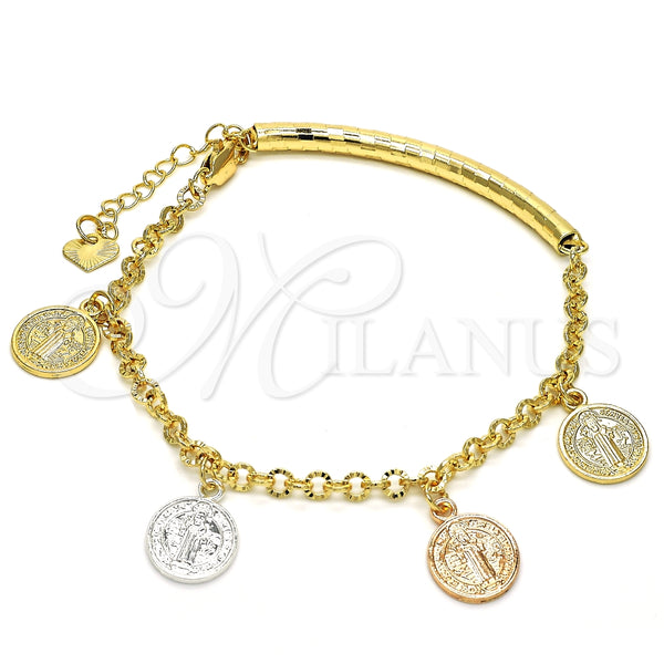 Pulsera de Dije 03.351.0025.07 Oro Laminado, Diseño de San Benito, Diamantado, Tres Tonos (04 MM Thickness, 7 Inches Length)