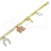 Pulsera de Dije 03.351.0027.07 Oro Laminado, Diseño de Búho y Elefante, Pulido, Tres Tonos (04 MM Thickness, 7 Inches Length)