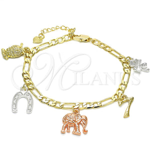 Pulsera de Dije 03.351.0027.07 Oro Laminado, Diseño de Búho y Elefante, Pulido, Tres Tonos (04 MM Thickness, 7 Inches Length)