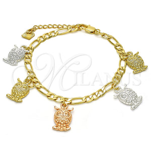 Pulsera de Dije 03.351.0028.07 Oro Laminado, Diseño de Búho, Pulido, Tres Tonos (05 MM Thickness, 7 Inches Length)