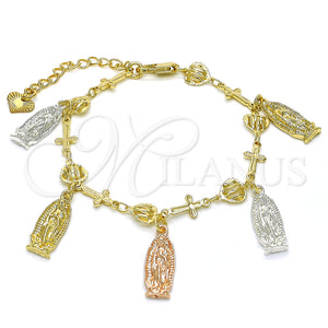 Pulsera Elegante 03.351.0030.07 Oro Laminado, Diseño de Guadalupe y Cruz, Pulido, Tres Tonos (07 MM Thickness, 7 Inches Length)