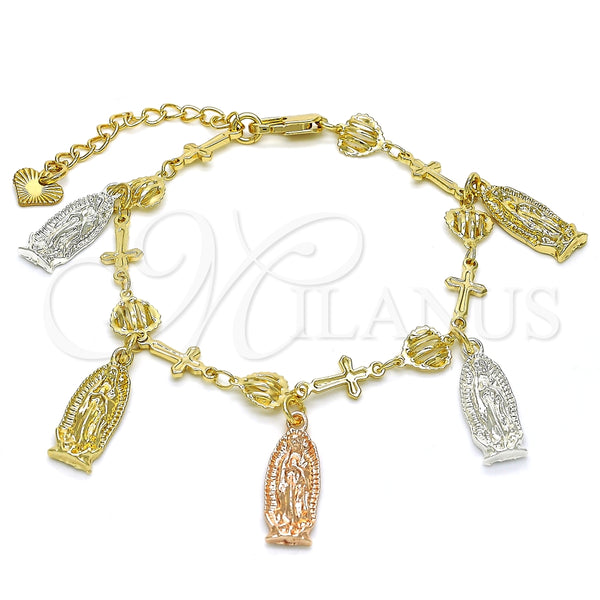 Pulsera Elegante 03.351.0030.07 Oro Laminado, Diseño de Guadalupe y Cruz, Pulido, Tres Tonos (07 MM Thickness, 7 Inches Length)