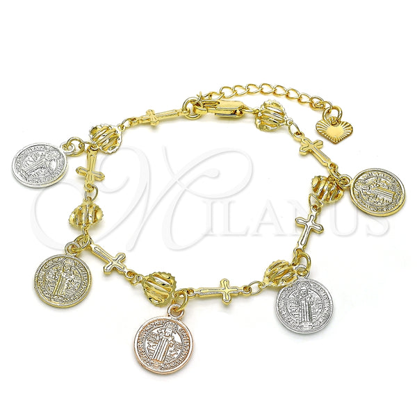 Pulsera de Dije 03.351.0031.07 Oro Laminado, Diseño de San Benito, Pulido, Tres Tonos (07 MM Thickness, 7 Inches Length)