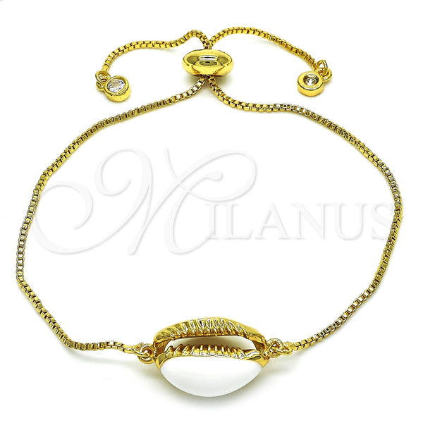 Pulsera Bolo Ajustable 03.207.0098.10 Oro Laminado, con Blanca Zirconia Cubica, Esmaltado Blanco, Tono Dorado (01 MM Thickness, 10 Inches Length)