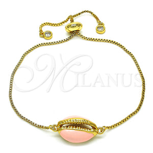 Pulsera Bolo Ajustable 03.207.0098.1.10 Oro Laminado, con Blanca Zirconia Cubica, Esmaltado Rosado, Tono Dorado (01 MM Thickness, 10 Inches Length)