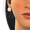 Juego de Arete y Dije de Adulto 10.361.0005 Oro Laminado, Diseño de Flor, con Blanca Cristal, Pulido, Tres Tonos