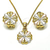 Juego de Arete y Dije de Adulto 10.361.0005 Oro Laminado, Diseño de Flor, con Blanca Cristal, Pulido, Tres Tonos