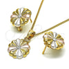 Juego de Arete y Dije de Adulto 10.361.0005 Oro Laminado, Diseño de Flor, con Blanca Cristal, Pulido, Tres Tonos