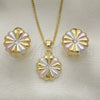Juego de Arete y Dije de Adulto 10.361.0005 Oro Laminado, Diseño de Flor, con Blanca Cristal, Pulido, Tres Tonos