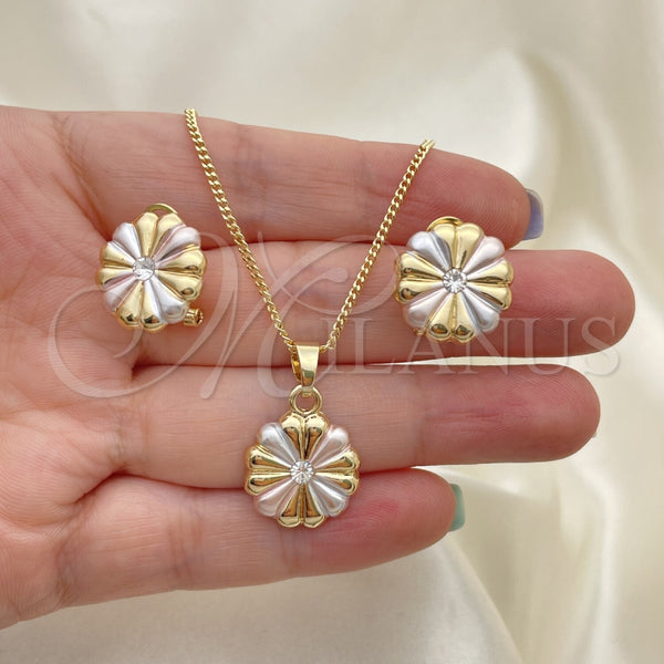 Juego de Arete y Dije de Adulto 10.361.0005 Oro Laminado, Diseño de Flor, con Blanca Cristal, Pulido, Tres Tonos